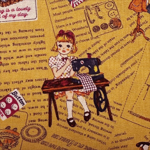 Cheery Days by Koko Seki Cotton Fabric, Retro Sewing Girls Toss on Mustard