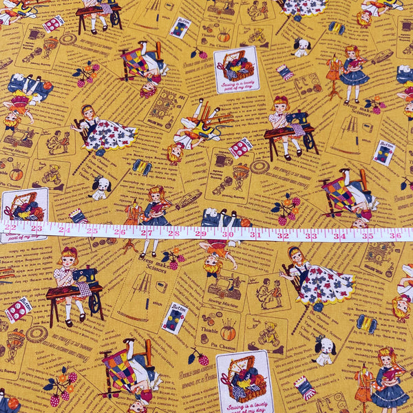 Cheery Days by Koko Seki Cotton Fabric, Retro Sewing Girls Toss on Mustard
