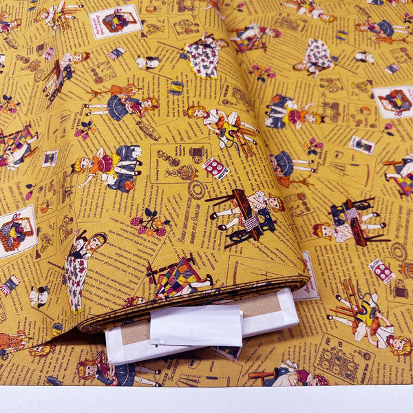 Cheery Days by Koko Seki Cotton Fabric, Retro Sewing Girls Toss on Mustard