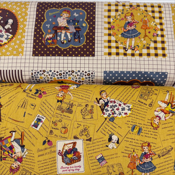 Cheery Days by Koko Seki Cotton Fabric, Retro Sewing Girls Toss on Mustard