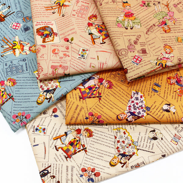 Cheery Days by Koko Seki Cotton Fabric, Retro Sewing Girls Toss on Mustard