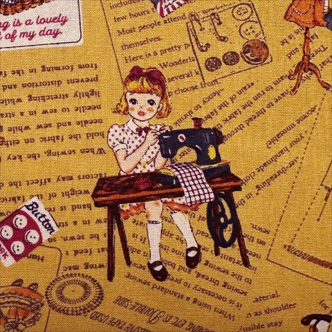 Cheery Days by Koko Seki Cotton Fabric, Retro Sewing Girls Toss on Mustard