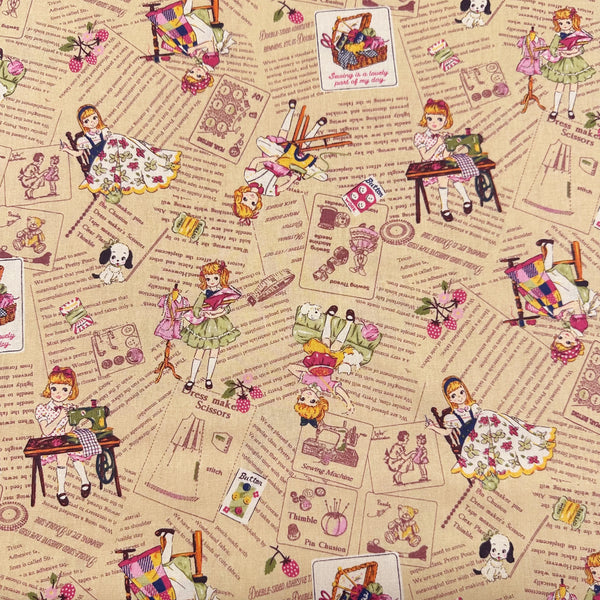 Cheery Days by Koko Seki Cotton Fabric, Retro Sewing Girls Toss on Tan