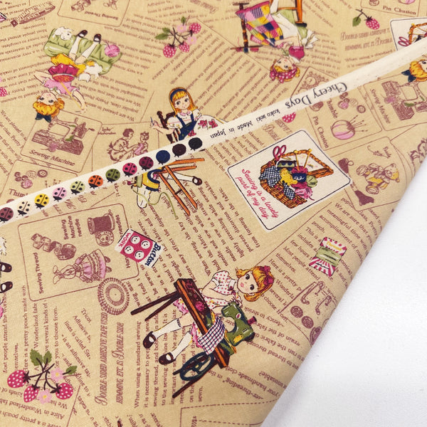 Cheery Days by Koko Seki Cotton Fabric, Retro Sewing Girls Toss on Tan