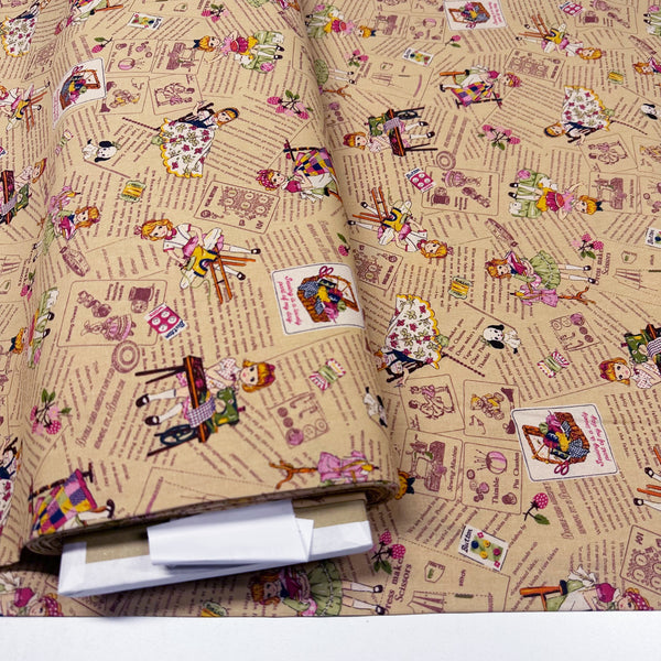 Cheery Days by Koko Seki Cotton Fabric, Retro Sewing Girls Toss on Tan