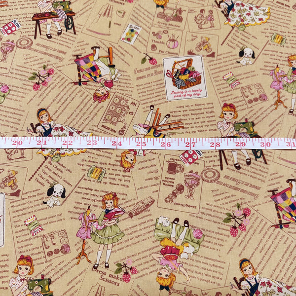 Cheery Days by Koko Seki Cotton Fabric, Retro Sewing Girls Toss on Tan