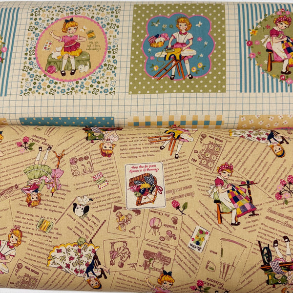 Cheery Days by Koko Seki Cotton Fabric, Retro Sewing Girls Toss on Tan
