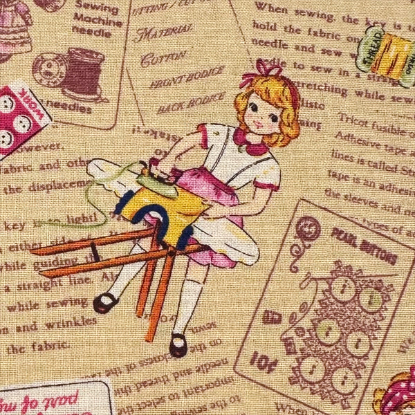 Cheery Days by Koko Seki Cotton Fabric, Retro Sewing Girls Toss on Tan