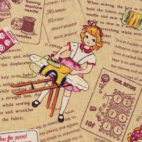 Cheery Days by Koko Seki Cotton Fabric, Retro Sewing Girls Toss on Tan