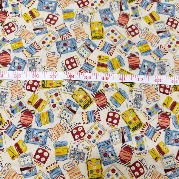 Cheery Days by Koko Seki Cotton Fabric, Retro Sewing Notions Toss, Ivory 