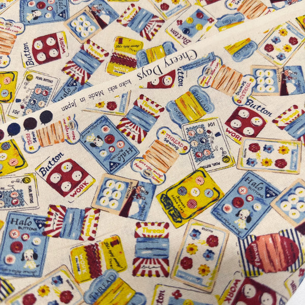 Cheery Days by Koko Seki Cotton Fabric, Retro Sewing Notions Toss, Ivory 