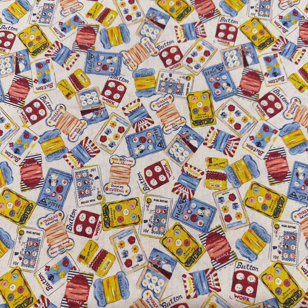 Cheery Days by Koko Seki Cotton Fabric, Retro Sewing Notions Toss, Ivory 
