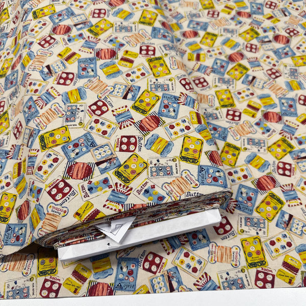 Cheery Days by Koko Seki Cotton Fabric, Retro Sewing Notions Toss, Ivory 