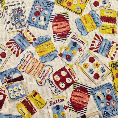 Cheery Days by Koko Seki Cotton Fabric, Retro Sewing Notions Toss, Ivory 