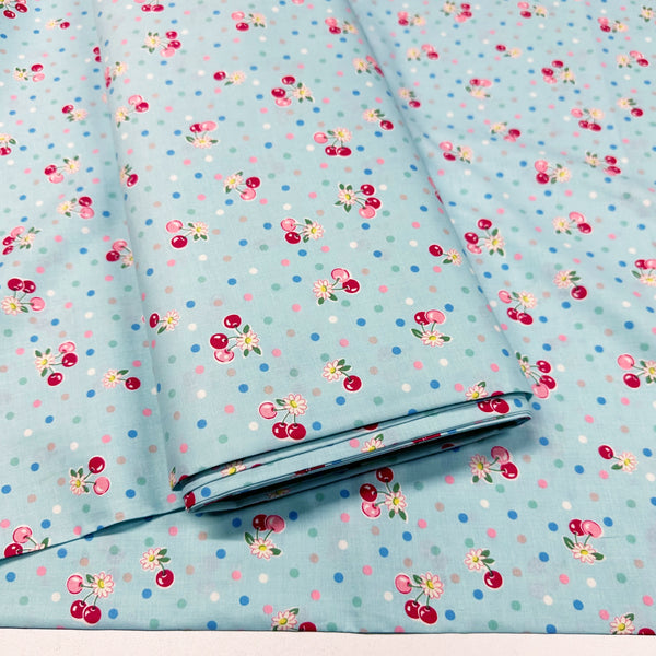 Cherry Drop in Blue By Atsuko Matsuyama Cotton Fabric, Yuwa Fabrics 30's Collection