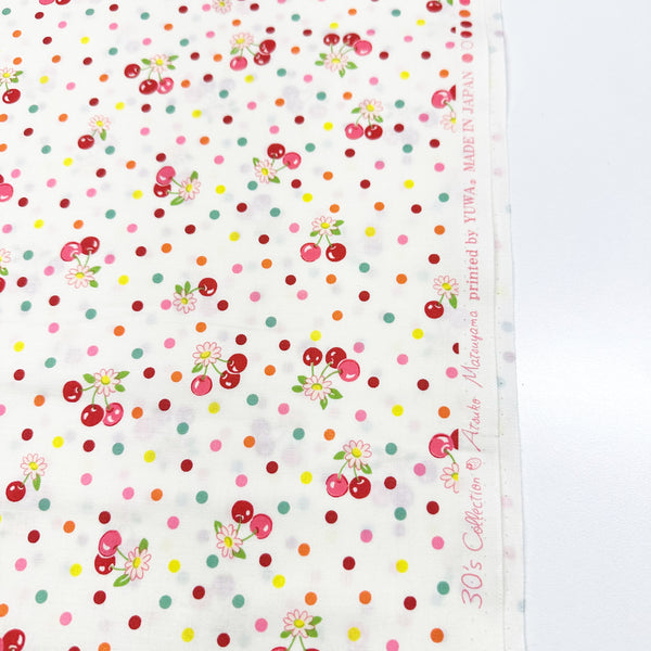 Cherry Drop in White By Atsuko Matsuyama Cotton Fabric, Yuwa Fabrics 30's Collection