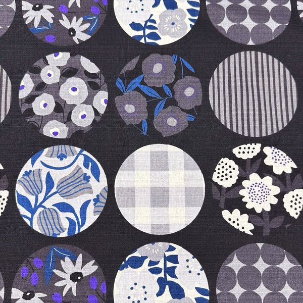Circle Flower Cotton DOBBY Fabric by Miori Collection, Imported from Japan, Black Gray