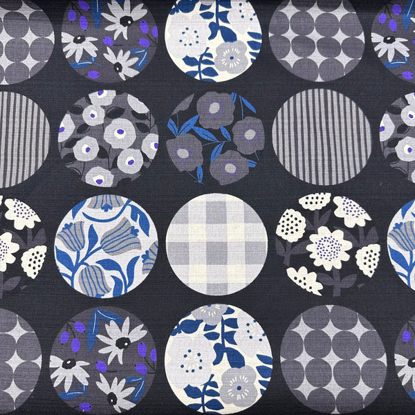Circle Flower Cotton DOBBY Fabric by Miori Collection, Imported from Japan, Black Gray