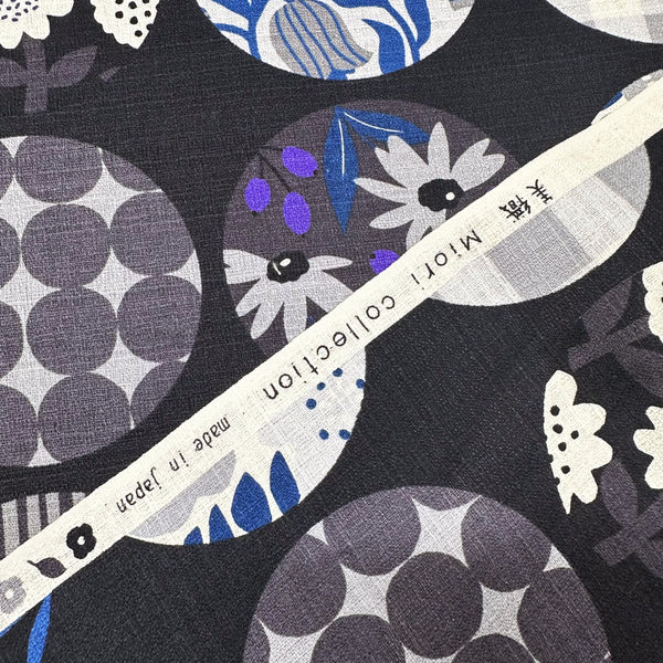 Circle Flower Cotton DOBBY Fabric by Miori Collection, Imported from Japan, Black Gray