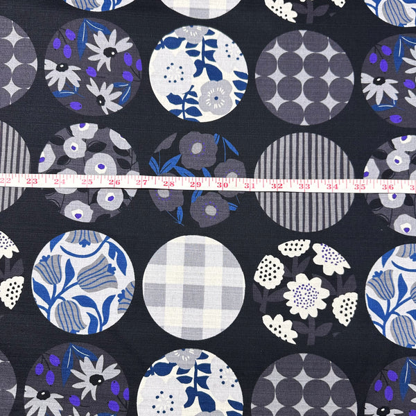Circle Flower Cotton DOBBY Fabric by Miori Collection, Imported from Japan, Black Gray