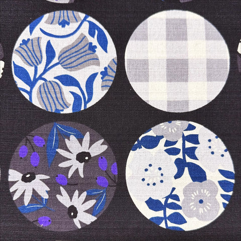 Circle Flower Cotton DOBBY Fabric by Miori Collection, Imported from Japan, Black Gray