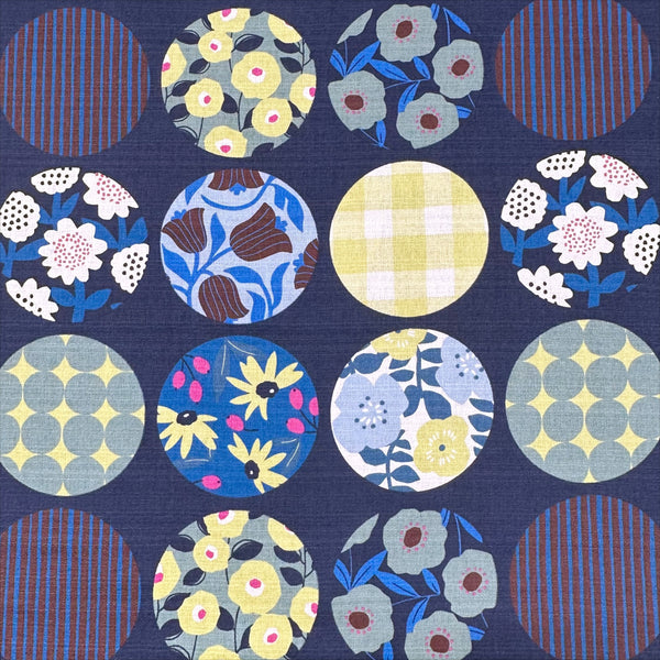 Circle Flower Cotton DOBBY Fabric by Miori Collection, Imported from Japan, Blue