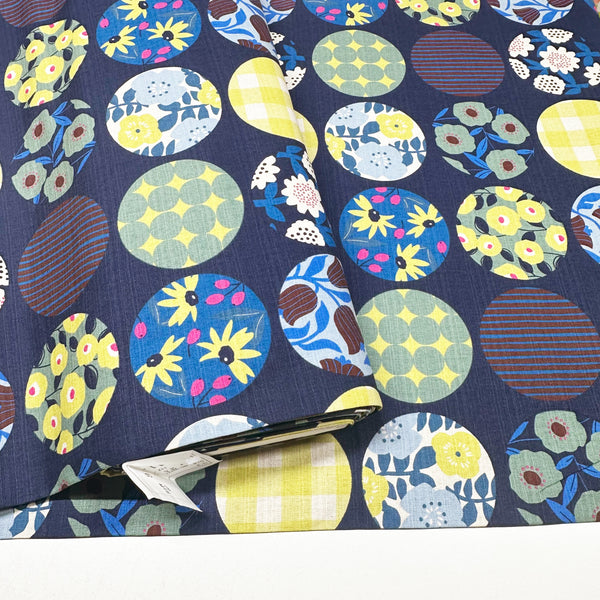 Circle Flower Cotton DOBBY Fabric by Miori Collection, Imported from Japan, Blue