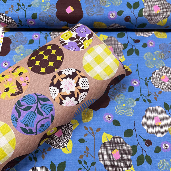 Circle Flower Cotton DOBBY Fabric by Miori Collection, Imported from Japan, Caramel