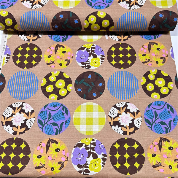 Circle Flower Cotton DOBBY Fabric by Miori Collection, Imported from Japan, Caramel