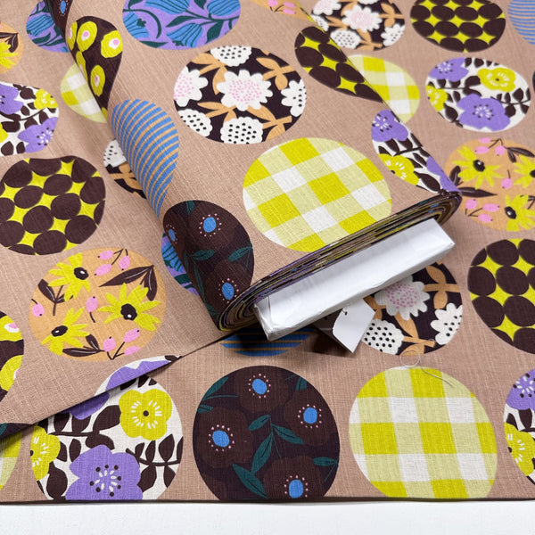 Circle Flower Cotton DOBBY Fabric by Miori Collection, Imported from Japan, Caramel