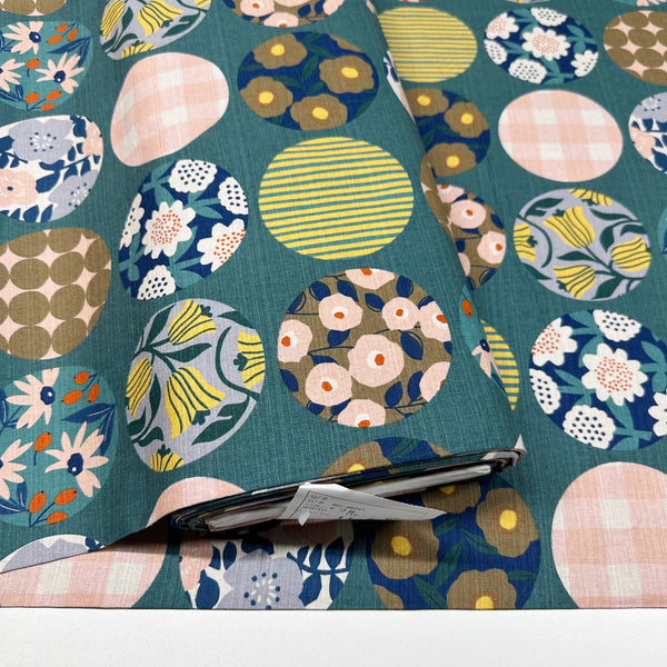 Circle Flower Cotton DOBBY Fabric by Miori Collection, Imported from Japan, Green