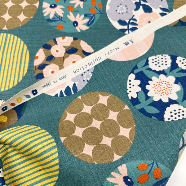Circle Flower Cotton DOBBY Fabric by Miori Collection, Imported from Japan, Green