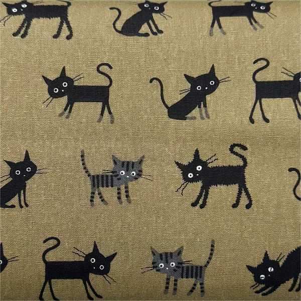 Coco Land Cats Canvas Fabric, 80 Cotton 20 Linen, Imported from Japan, Medium Kitties on Brown Cocoland by Kisa