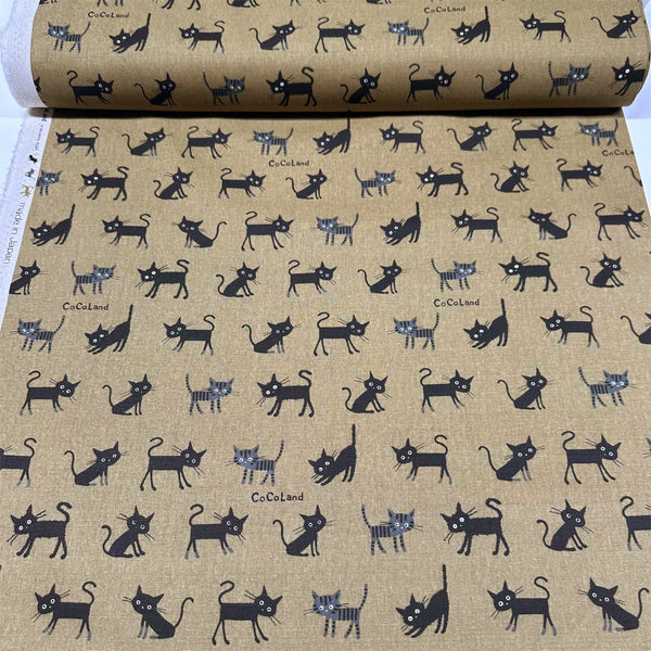 Coco Land Cats Canvas Fabric, 80 Cotton 20 Linen, Imported from Japan, Medium Kitties on Brown Cocoland by Kisa