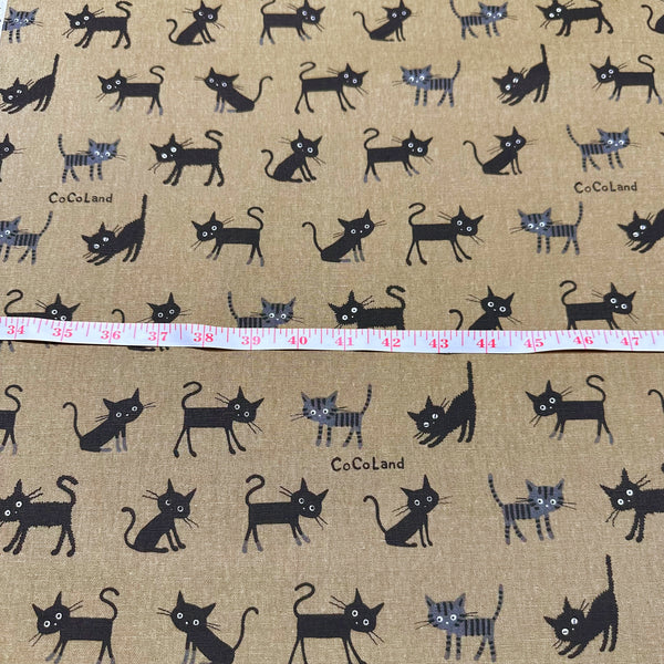 Coco Land Cats Canvas Fabric, 80 Cotton 20 Linen, Imported from Japan, Medium Kitties on Brown Cocoland by Kisa