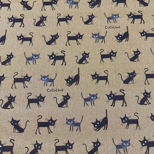 Coco Land Cats Canvas Fabric, 80 Cotton 20 Linen, Imported from Japan, Medium Kitties on Brown Cocoland by Kisa