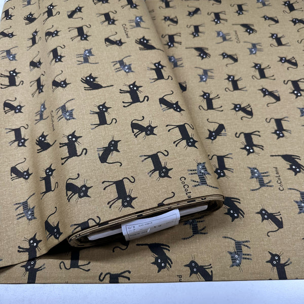 Coco Land Cats Canvas Fabric, 80 Cotton 20 Linen, Imported from Japan, Medium Kitties on Brown Cocoland by Kisa