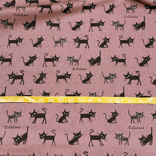 Coco Land Cats Canvas Fabric, 80 Cotton 20 Linen, Imported from Japan, Medium Kitties on Dk Mauve Cocoland by Kisa