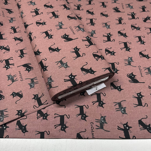 Coco Land Cats Canvas Fabric, 80 Cotton 20 Linen, Imported from Japan, Medium Kitties on Dk Mauve Cocoland by Kisa