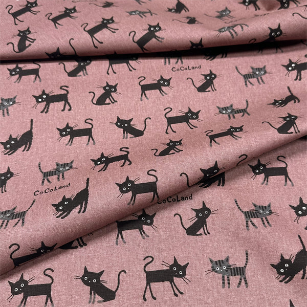 Coco Land Cats Canvas Fabric, 80 Cotton 20 Linen, Imported from Japan, Medium Kitties on Dk Mauve Cocoland by Kisa
