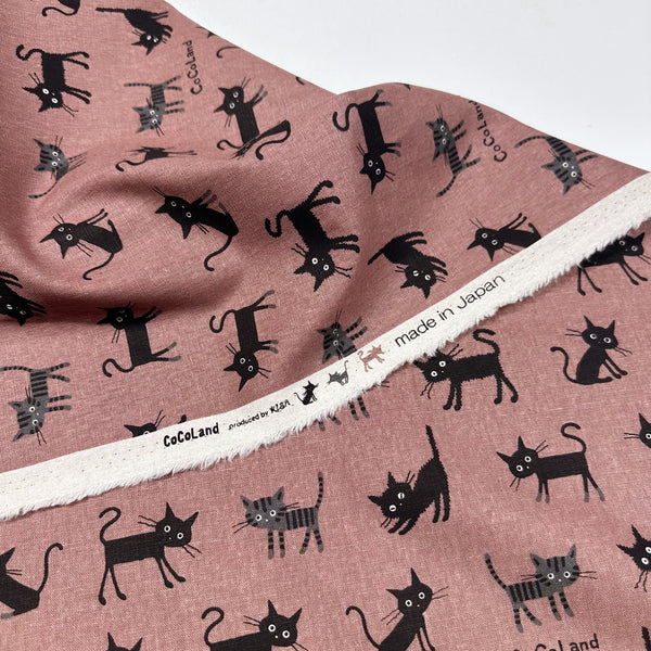Coco Land Cats Canvas Fabric, 80 Cotton 20 Linen, Imported from Japan, Medium Kitties on Dk Mauve Cocoland by Kisa