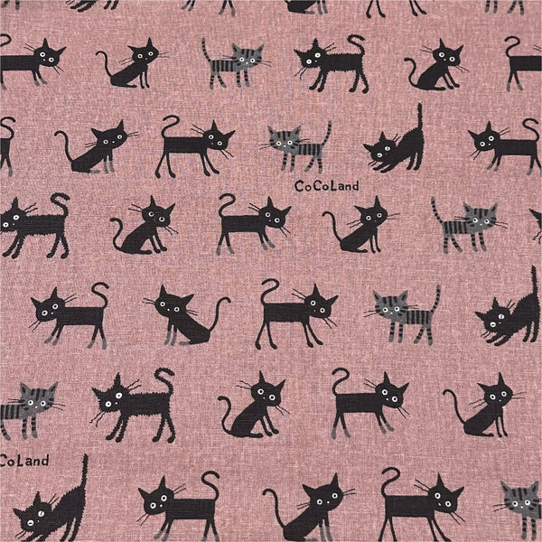 Coco Land Cats Canvas Fabric, 80 Cotton 20 Linen, Imported from Japan, Medium Kitties on Dk Mauve Cocoland by Kisa