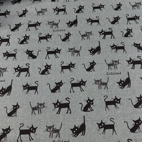 Coco Land Cats Canvas Fabric, 80 Cotton 20 Linen, Imported from Japan, Medium Kitties on Grey Cocoland by Kisa