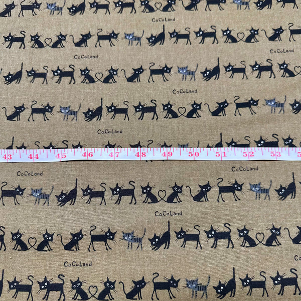 Coco Land Cats Canvas Fabric, 80 Cotton 20 Linen, Imported from Japan, Small Kitties on Brown Cocoland by Kisa