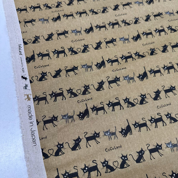 Coco Land Cats Canvas Fabric, 80 Cotton 20 Linen, Imported from Japan, Small Kitties on Brown Cocoland by Kisa