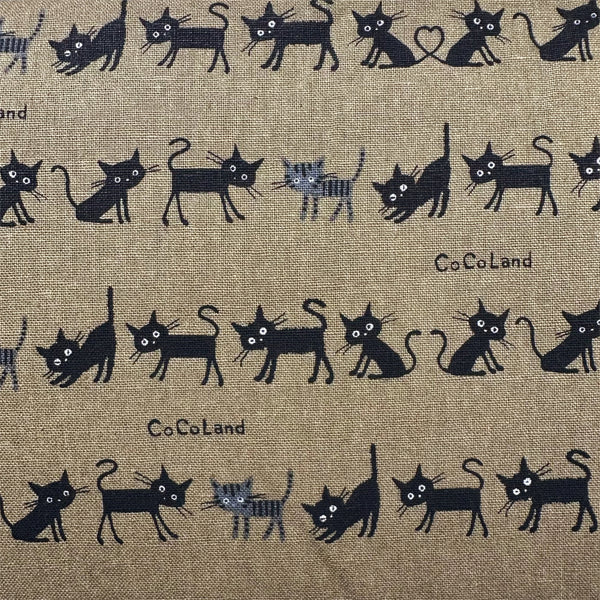 Coco Land Cats Canvas Fabric, 80 Cotton 20 Linen, Imported from Japan, Small Kitties on Brown Cocoland by Kisa