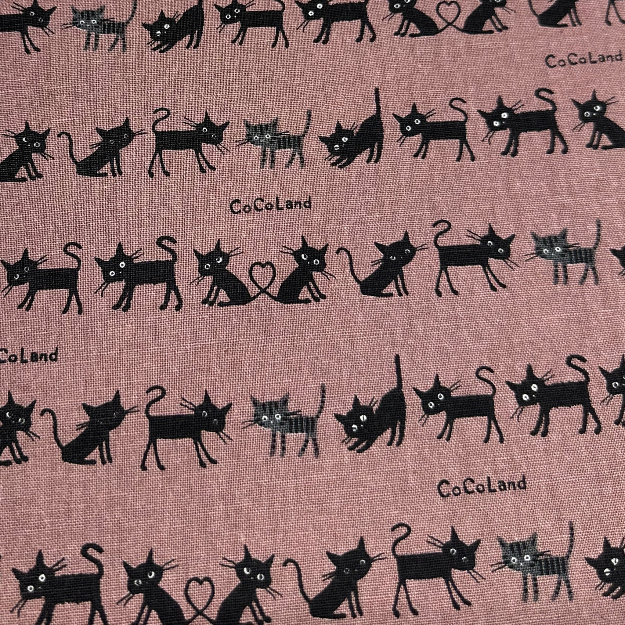 Coco Land Cats Canvas Fabric, 80 Cotton 20 Linen, Imported from Japan, Small Kitties on Dk Mauve Cocoland by Kisa