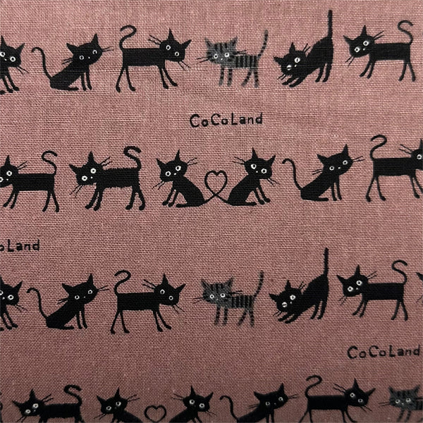 Coco Land Cats Canvas Fabric, 80 Cotton 20 Linen, Imported from Japan, Small Kitties on Dk Mauve Cocoland by Kisa