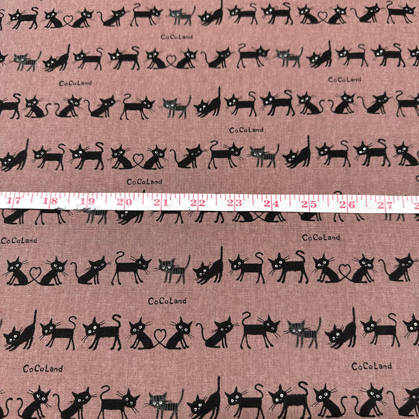 Coco Land Cats Canvas Fabric, 80 Cotton 20 Linen, Imported from Japan, Small Kitties on Dk Mauve Cocoland by Kisa