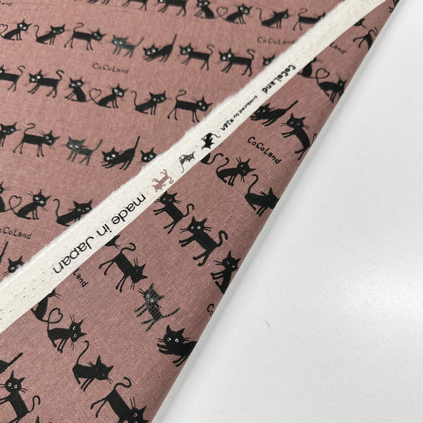 Coco Land Cats Canvas Fabric, 80 Cotton 20 Linen, Imported from Japan, Small Kitties on Dk Mauve Cocoland by Kisa